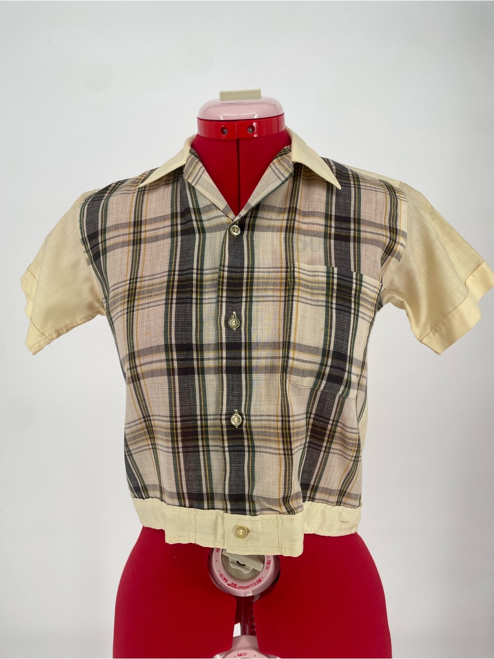 50s 60s Pastel Yellow & Green Plaid Cropped Blouse Wash N Wear Poly Cotton Blend